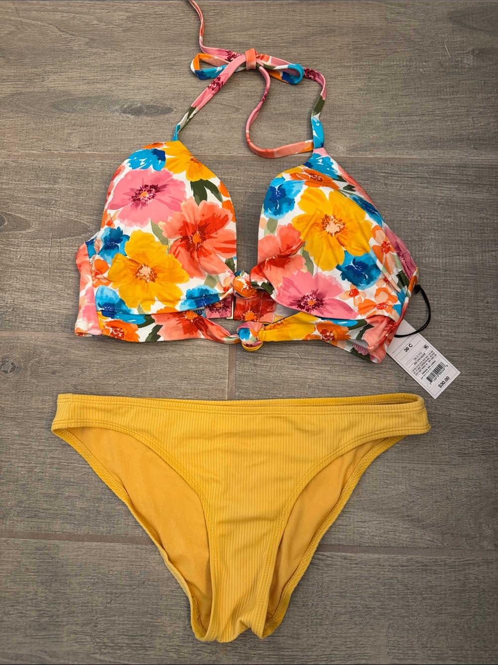 Shade & Shore Floral Halter Bikini Top with Mustard Ribbed Bottom